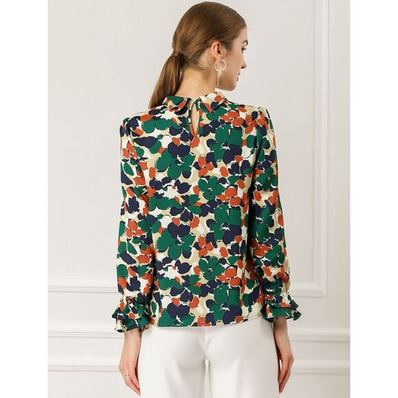 Floral Tie V Neck Blouse Chiffon Ruffle Trumpet Top Green - Picture 5 of 6